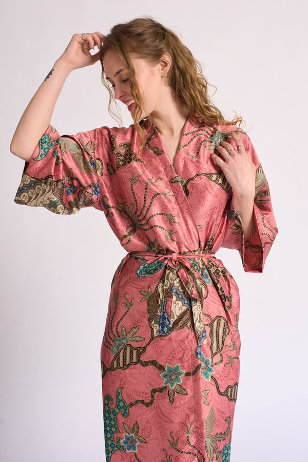 Womens Deluxe Pink Silk Kimono